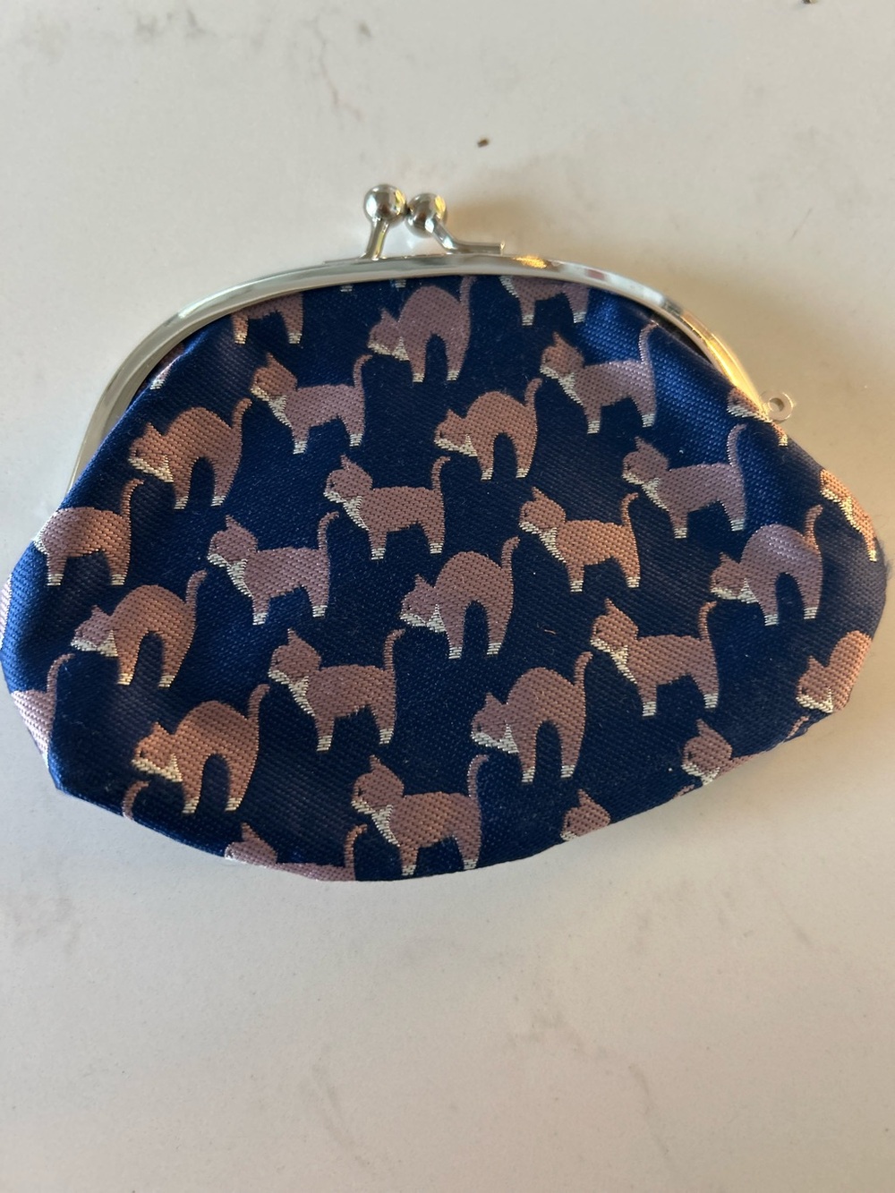 Navy Cat Print Kiss-Lock Coin Purse Made in Japan. Silver kiss-lock